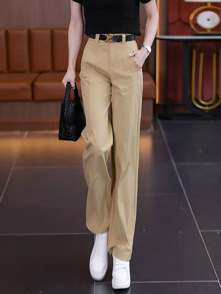 

Брюки прямого кроя цвета хаки, летние, тонкие, новые, повседневные, костюмные, с высокой талией, широкие, женские, свободного кроя, с завышенной талией