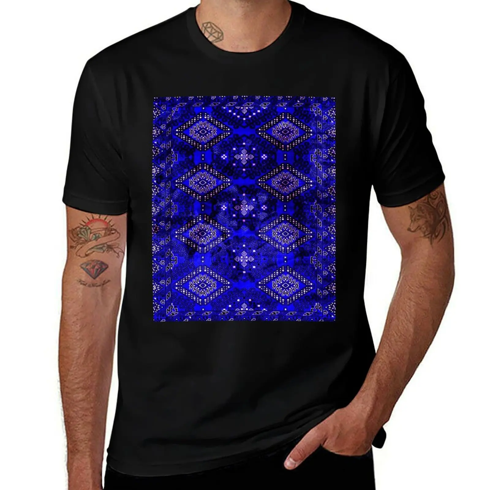Oriental Opulence: Royal Blue Velvet Moroccan Majesty T-Shirt Soft Stretch Short Sleeve Top T-Shirt