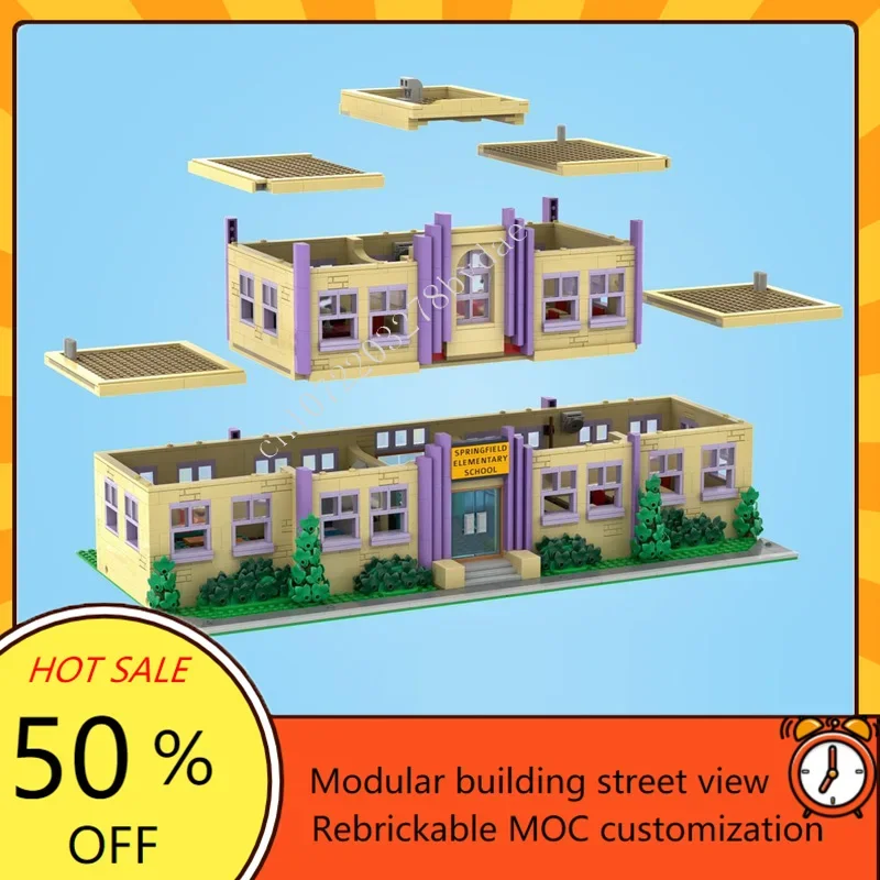 2733PCS Modular Springfield Elementary School Modular MOC Creative street view Model Custom Puzzles DIY Education Model Gifts