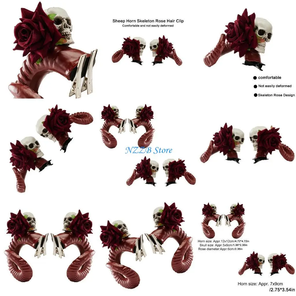 

T21F Dark Series Evil Horn Hair Clip for Halloween Skull Flower Hair Barrettes Party Headpiece Stage Show Cosplay Headwear