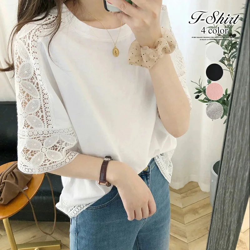 

Японская женская летняя новая женская футболка, высококачественный кружевной топ с полыми крючком в стиле пэчворк и рукавами «летучая мышь»