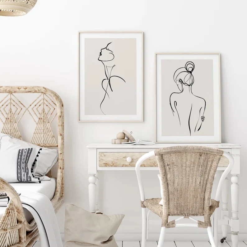 Single Line Modern Naked Girl Silhouette Line Figure Drawing Canvas Painting Minimalist Woman Line Art Boho Home Decor view 3