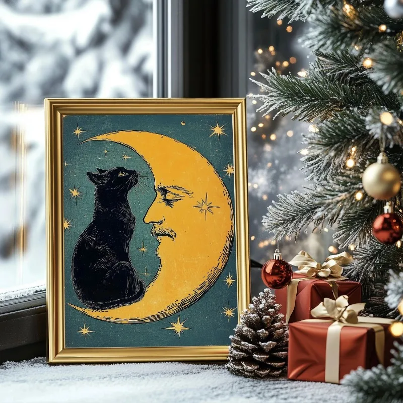 Vintage Tarot Style Black Cat Moon Canvas Wall Art Retro Celestial Star Night Sky Art Home Wall Print Unframed Canvas Poster