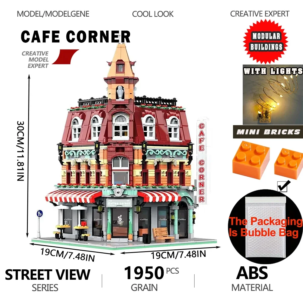 

【MINI Bricks】Cafe Corner Fresh Market House Building Blocks Model Street View Modular Desk Decoration Assembly Toy For Kid Gifts