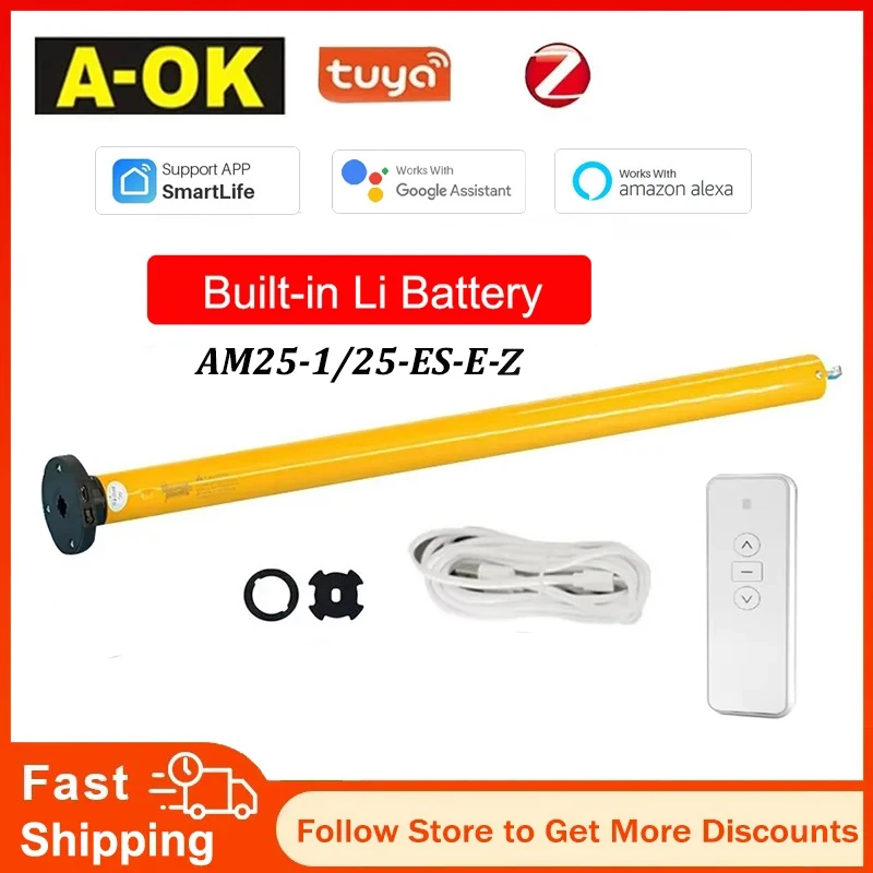 

A-OK AM25 1/25 Rolling Tubular Motor,RF433 Remote+Tuya Zigbee App,Built-in Li Battery,for Alexa/Google Assistant,for 38mm Tube