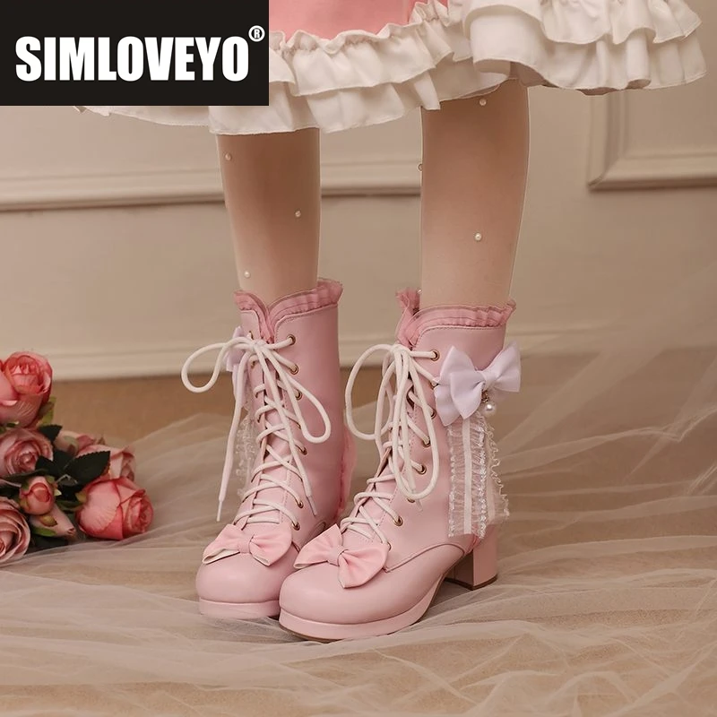 

SIMLOVEYO Женские ботильоны до середины икры в стиле Лолиты с круглым носком и квадратным каблуком 5 см, со шнуровкой и бантом, маленький размер 31 32 33 42 43 Sweet
