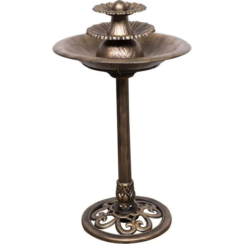 Outdoor Floor 3-Tiered Pedestal Water Fountain with Birdbath, Vintage Waterfall, 35