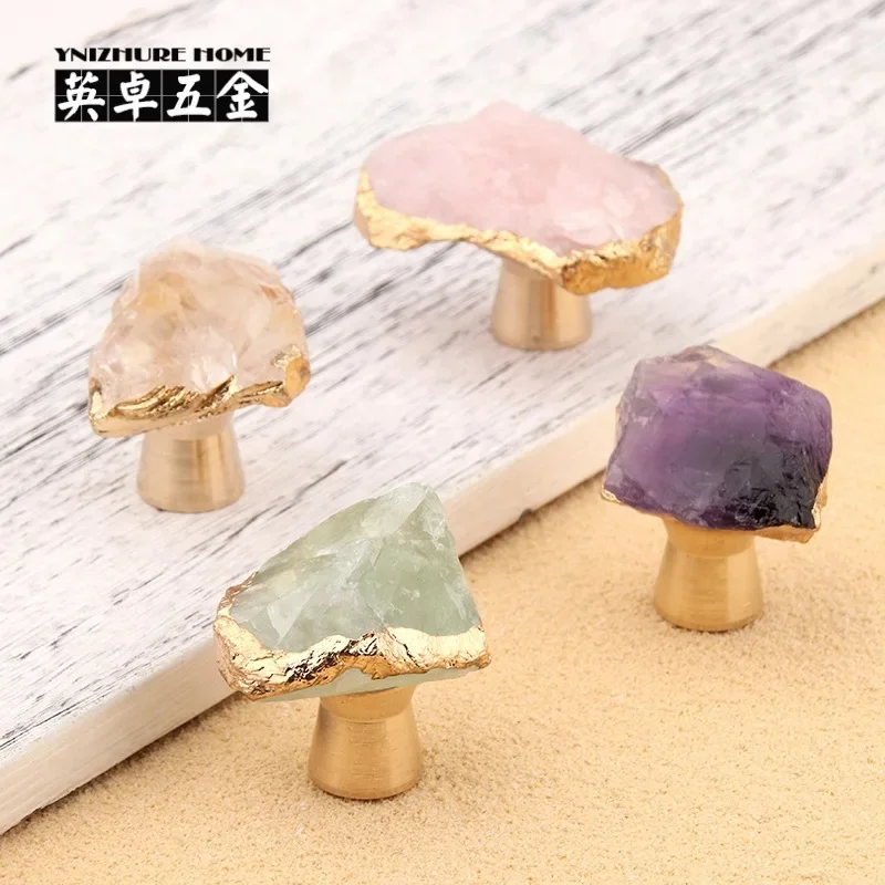 Luxury Natural Ore Amethyst FluoriteGold EdgeBrassHandle Drawer Wardrobe Door Single Hole Simple Small Handle