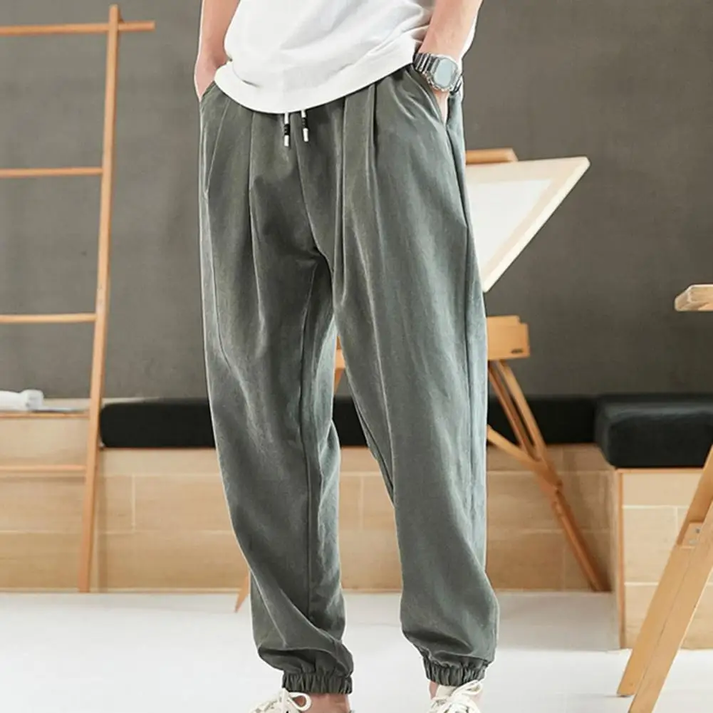 Men Pants Pure Color Simple Drawstring Casual Spring Trousers for School