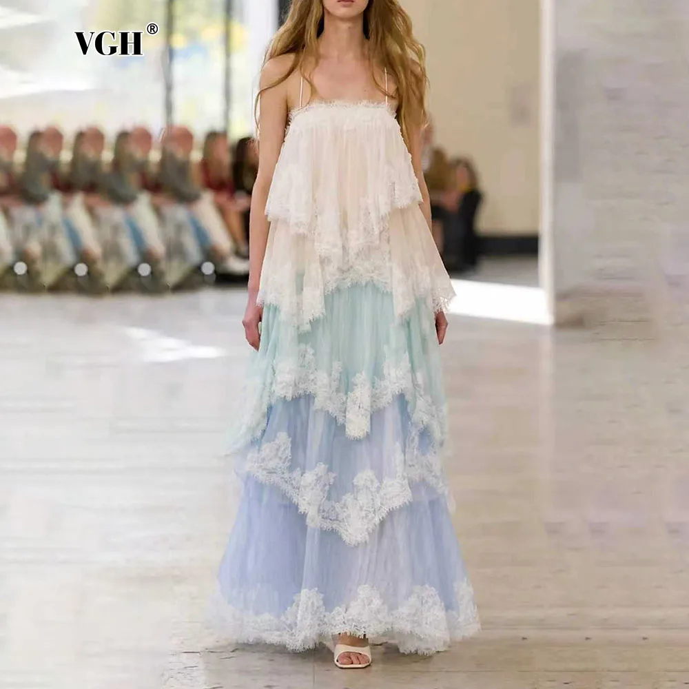 VGH Bohemian Gradient Cami Maxi Dress for Women Lace Tiered Ruffled Layered Hem Criss Cross Lace Up Back for Evening Party Dress