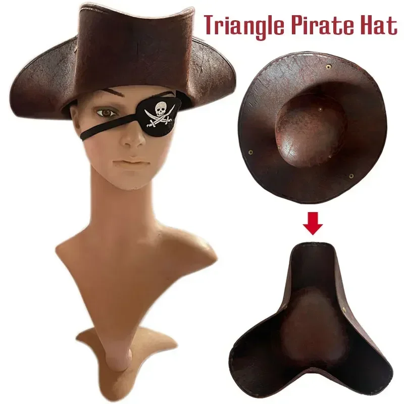 Vintage-Piraten-Tricorn-Mütze aus Kunstleder – Cosplay-Mütze im Used-Look für Männer und Frauen, perfekt für Maskerade-Partys