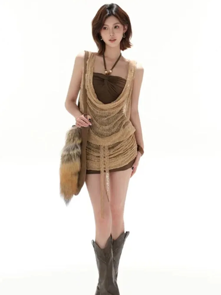 Sexy roupas femininas 2 peça define rendas dobras blusa fino ajuste sem costas moda bodycon mini vestidos roupas femme terno de verão
