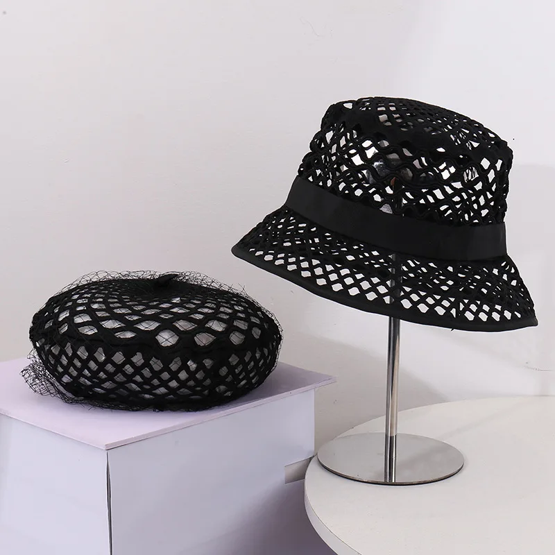 

New Fashion Solid Black Mesh Hollowed-out Design Beret Hat Women Outdoor Casual Camping Breathable High Quality Fisherman Caps