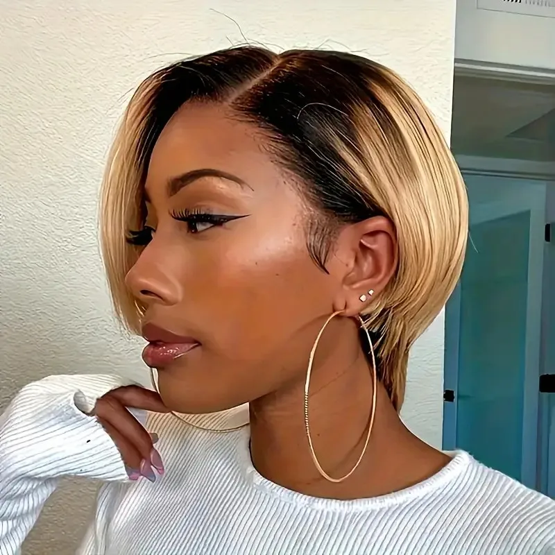 13x4 레이스 프론트 가발 8인치 짧은 픽시컷 글루리스 인모 가발 자연스러운 헤어라인 1B/27/99j