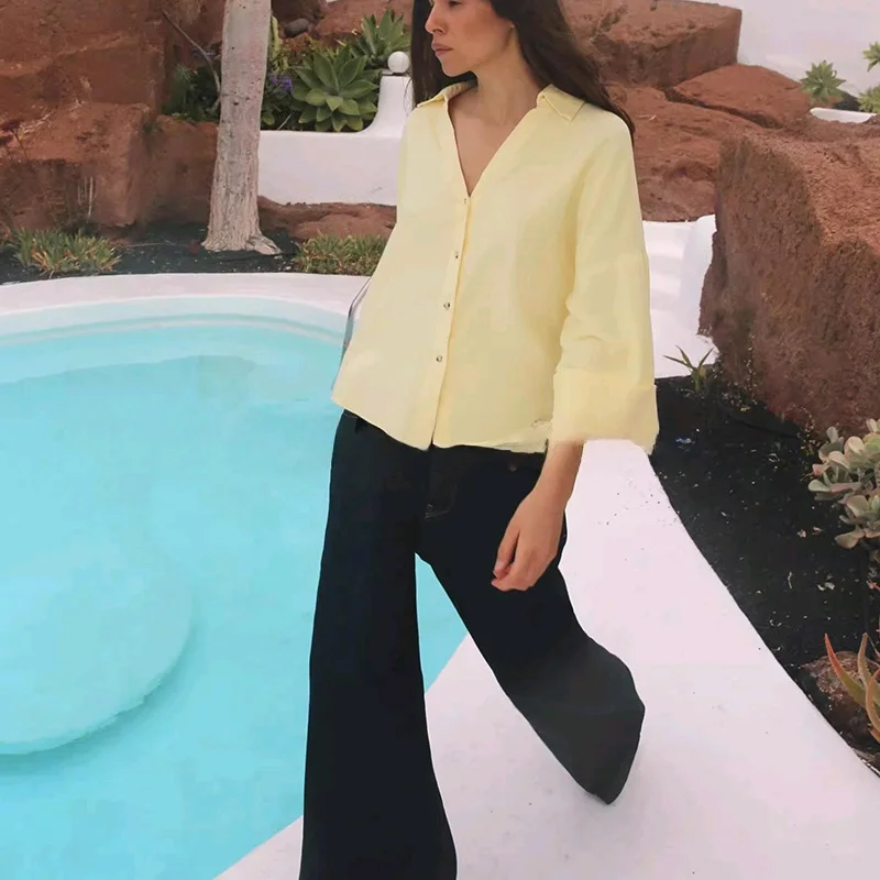 

Comfortable Wide Sve irt V-Ne Collar Mixed Linen Blend Women's Summer New Arrival Casual Faion Long Sve irt