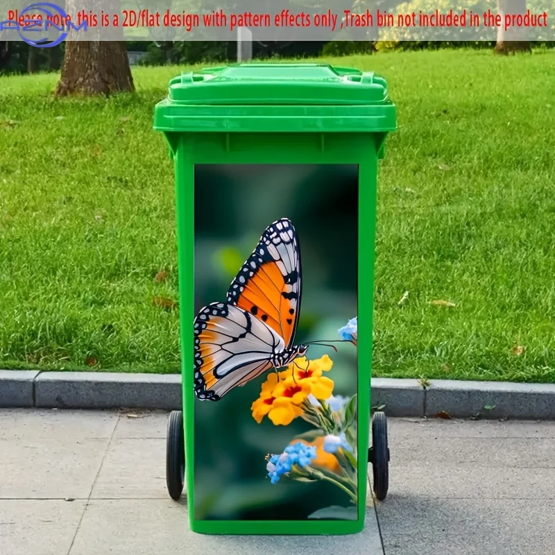1pc Large .01x cm Waterproof PVC Trash Can Sticker - Elegant Monarch Butterfly & Wildflowers Art Deco Decal for Garbage Cans,