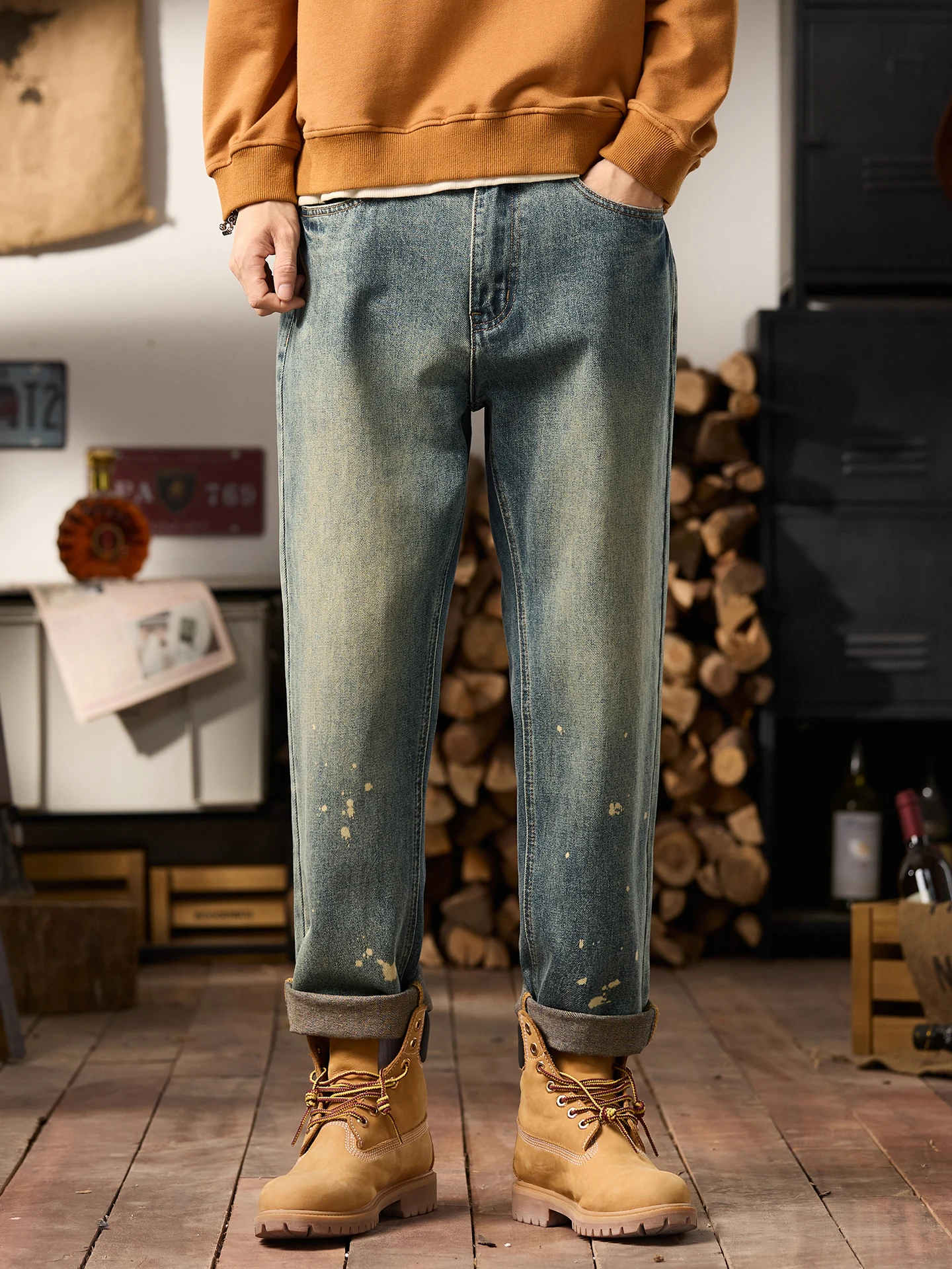 Джинсы из джинсовой ткани в стиле ретро в американском стиле, мужские осенние зауженные прямые брюки Харлан, повседневные удобные хлопковые полиэстеровые джинсы