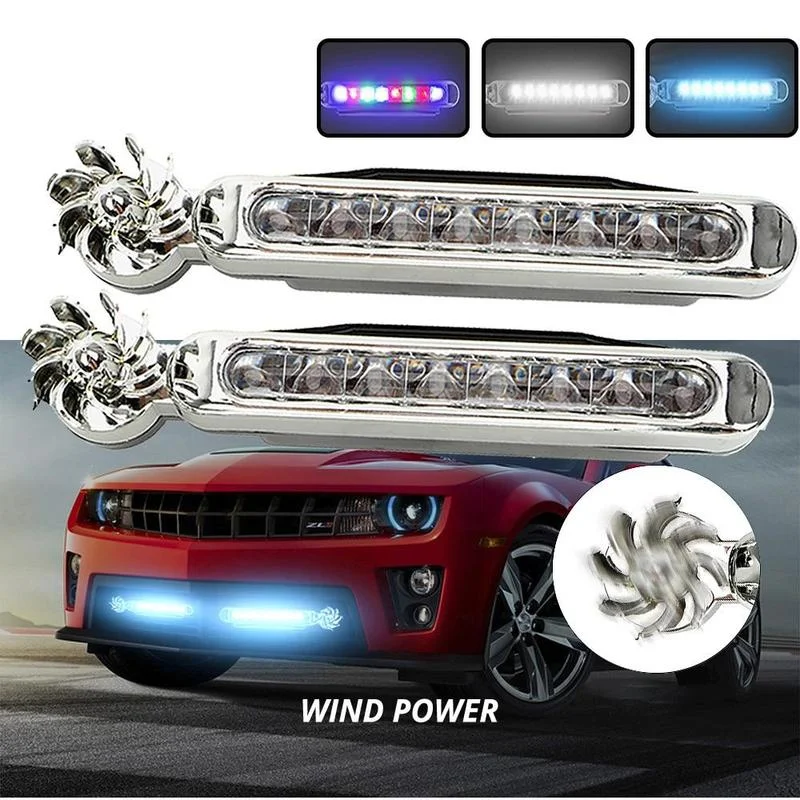 Wind Powered Car DayTime Running Lights 8LED Rotation Fan Daylight No Need External Power Supply Auto Decorative Lamp