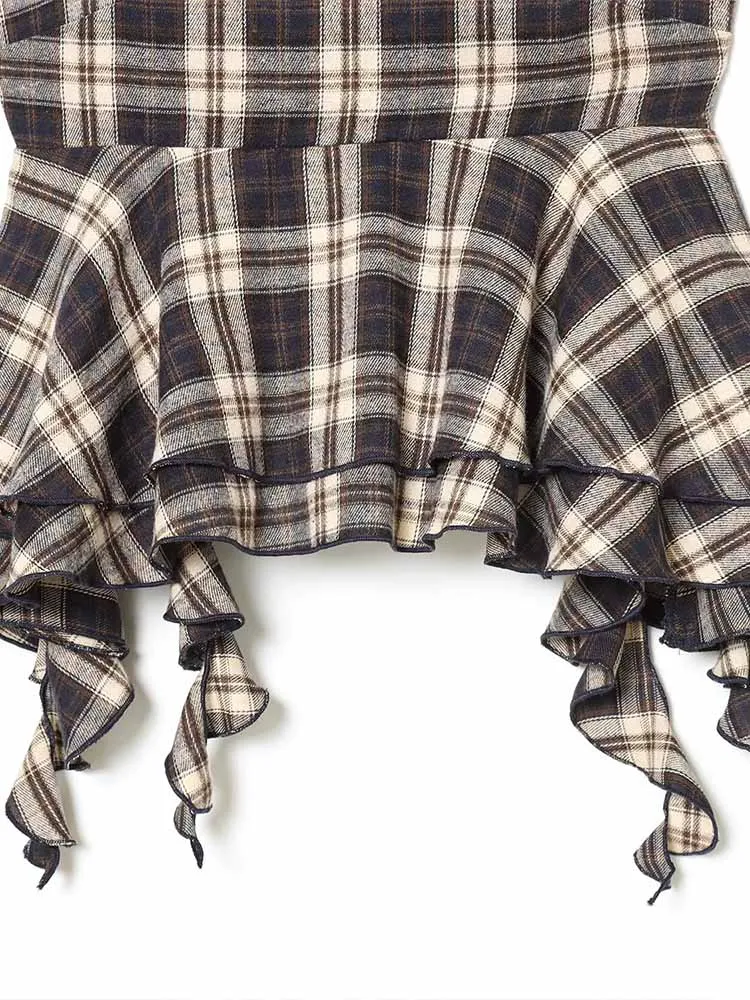 Estilo europeu e americano inverno recém chegados moda feminina suspender decote reto em camadas top xadrez decorativo