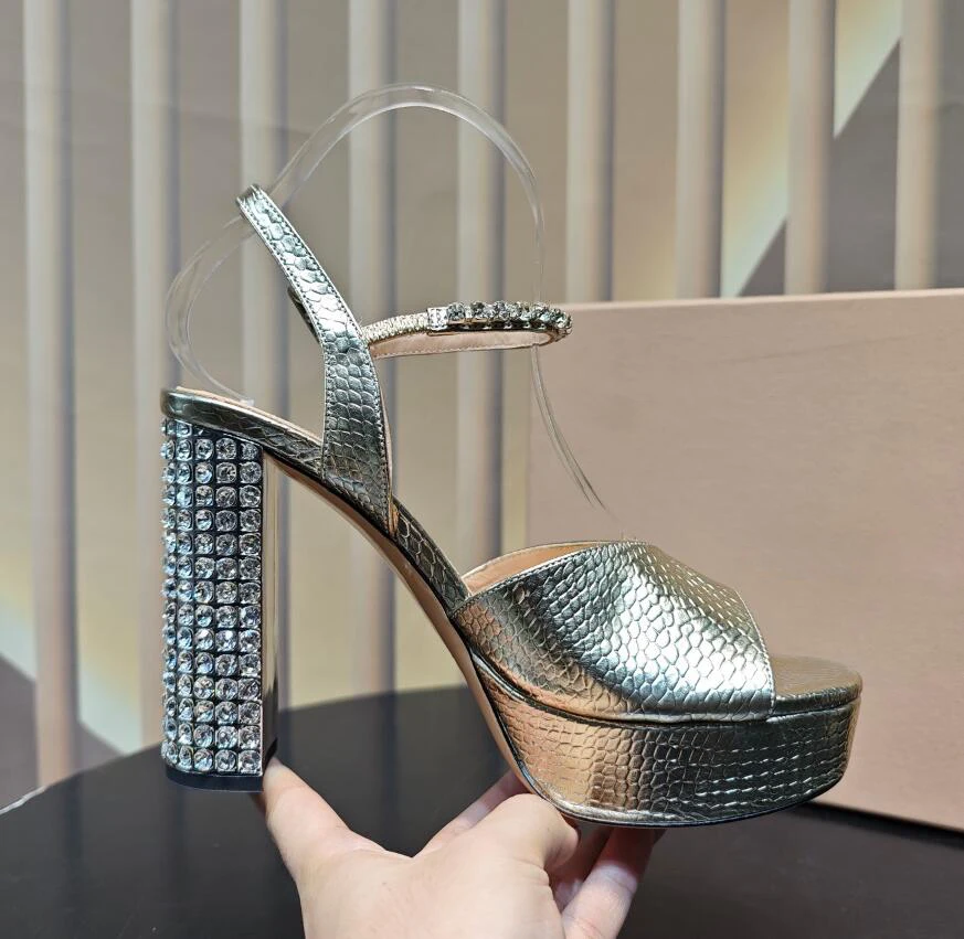 Snake Skin Leather Lady High Heel Platform Summer Sandal Shoes Ankle Strap Open Toe Bling Bling Crystal Squared Heel Party Shoe