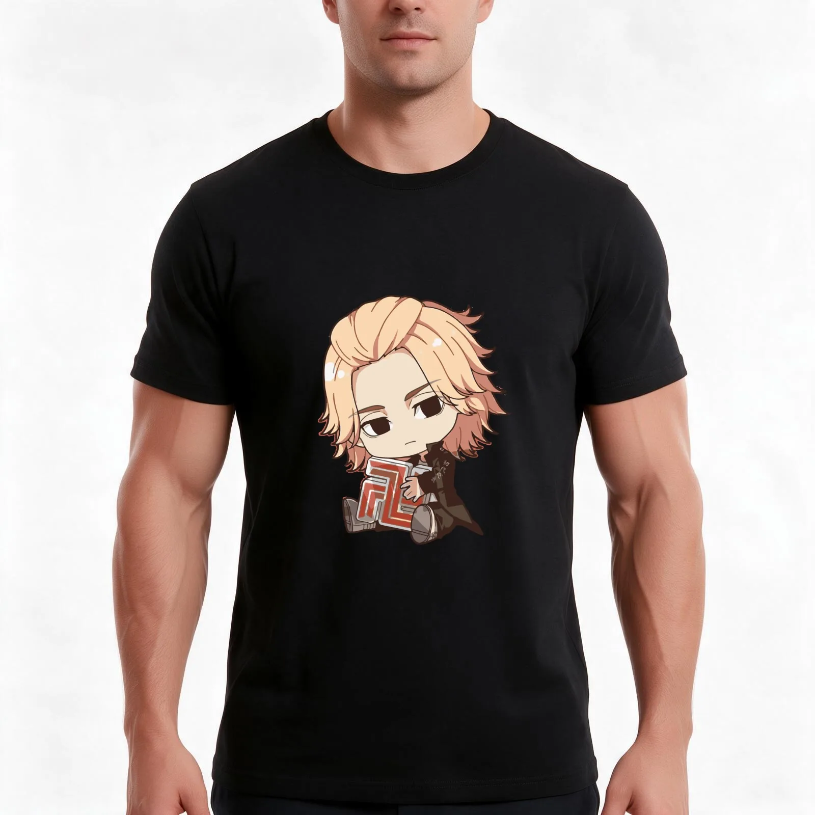 draken mikey chibi sticker - doraken tokyo, R T-Shirt, Summer Casual Cotton Tee, Oversized Streetwear Tops, Unisex Men Women