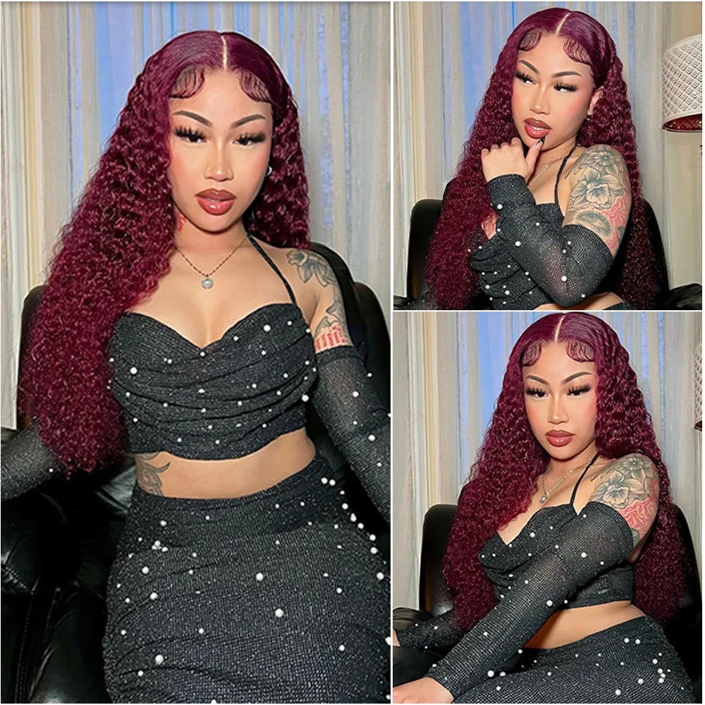 موجة عميقة خصلات الشعر المستعار الإنسان 13x4 HD الدانتيل الجبهة الباروكات 99J بورجوندي 13x6 HD الدانتيل الباروكة الأمامية البرازيلي قبل قطعها للنساء السود #2