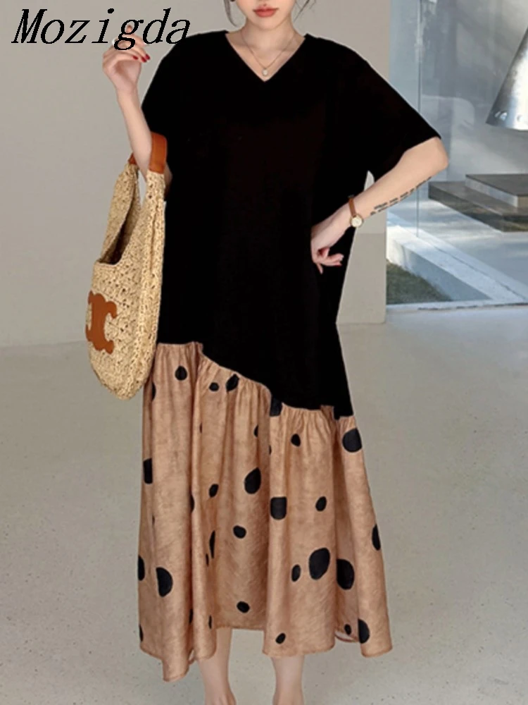 

Summer New Korea Loose V NeckWoman Dress Vestidos Robe Elbise Fashion Cotton Patchwork Big Wave Point Ladies Dresses