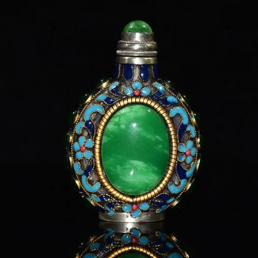 Tibetan silver cloisonn é inlaid with emerald gemstones snuff bottle