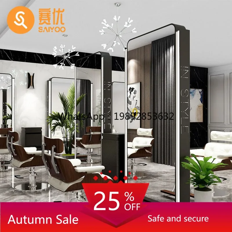 LYY Hairdressing Mirror Stand Salon Special with Light HD Stainless Steel Haircut Mirror Single Double Sided