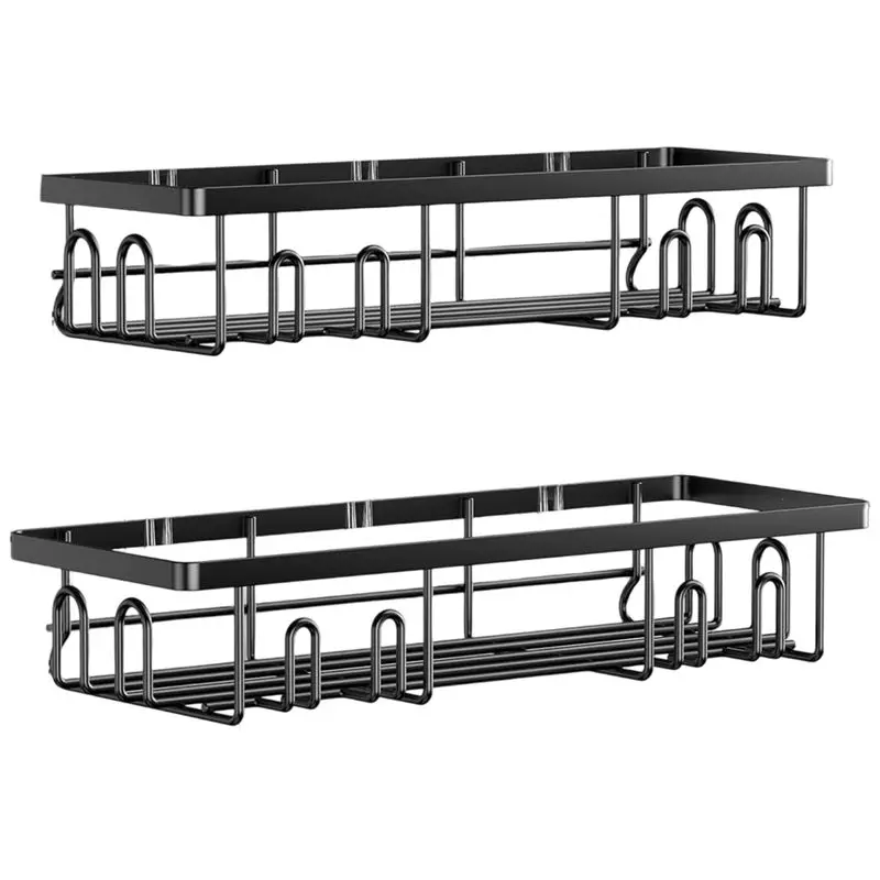HRBAJ-Shower Organizer Rack With 16 Hooks, Stick-On Design- Black 2-Pack Bundle Included