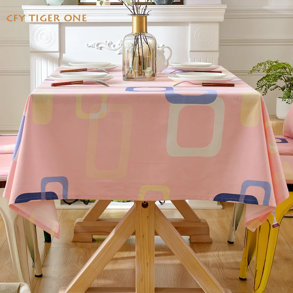 Cotton Linen Cute Cartoon Pink Geometry Tablecloth Antifouling Rectangular Tablecloth Table Cover Kitchen Decoration