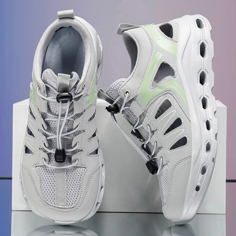 Summer Hollow Couple Sneakers Wide Toe Barefoot Shoes Outdoor Slip On Wading Hiking Shoes Breathable Men's Walking Shoes