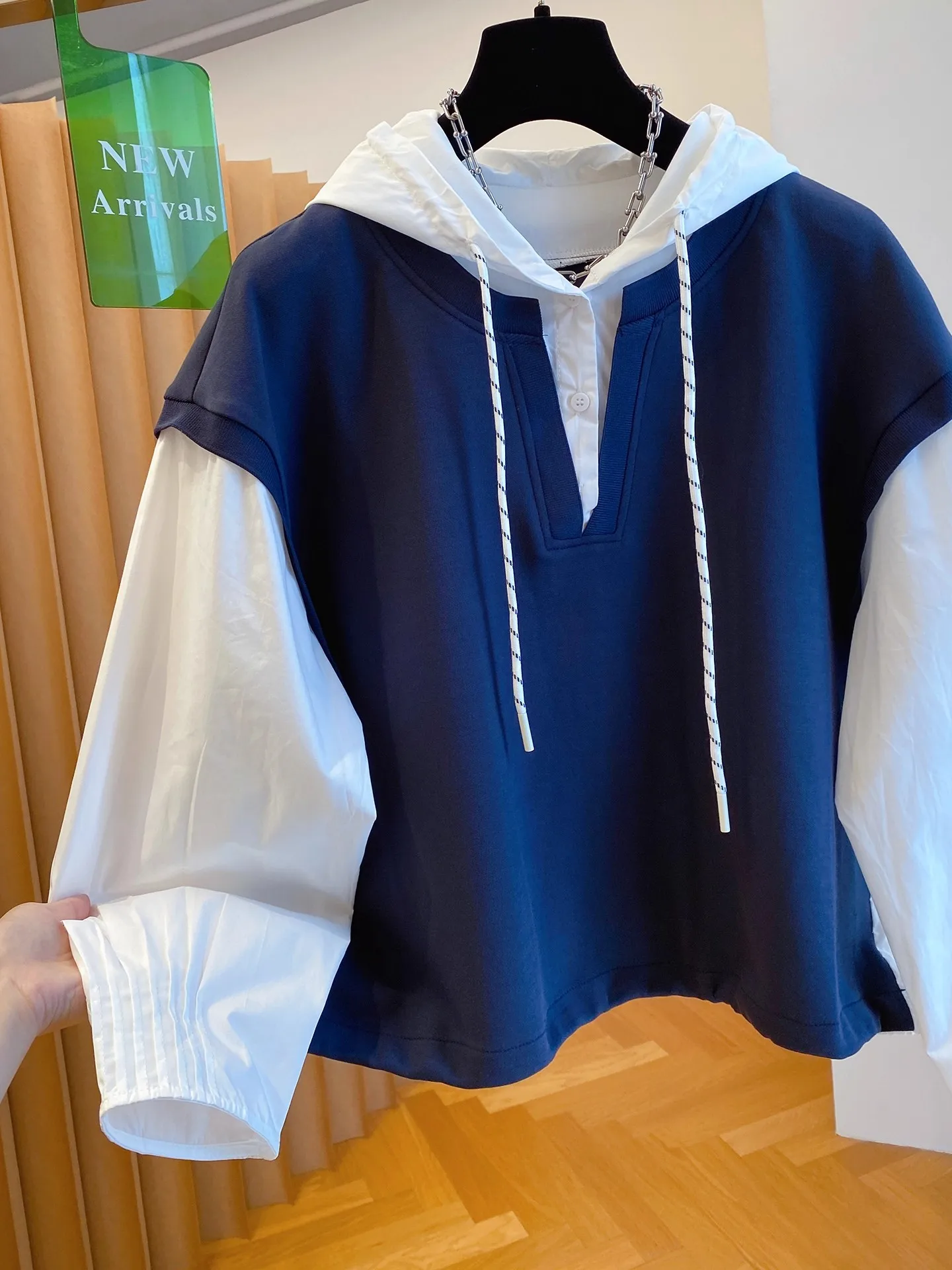 Damska bluza z kapturem, bardzo duża, 300 g/m², imitacja dwuczęściowej bluzy, luźna, długa, na wiosnę i jesień, nowa, wygodna góra.