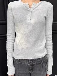 Gray Waffle Slim Long Sleeve Tees Women Autumn Cotton Buttons Simple Basic Street T Shirt Tops Vintage Chic Sweet T-shirts Y2K