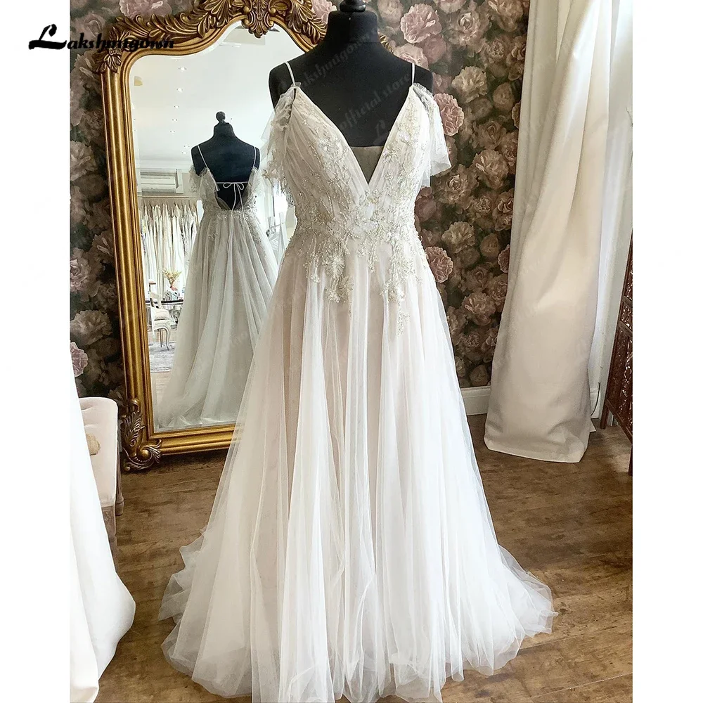 Lakshmigown Champagne Boho Wedding Dress for Women 2025 Bruidsjurk Dames Backless Lace Beach Bridal Gown Beads Lace Appliques