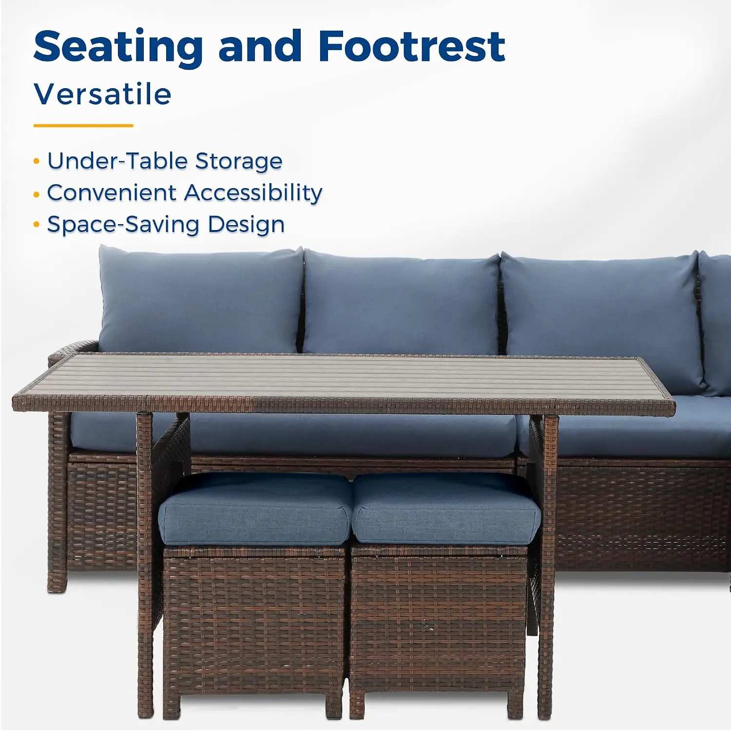 High Back Wicker Patio Sectional Sofa Set with Cushions for Outdoor Dining Balcony Lawn Garden 7-Piece Blue, Customized