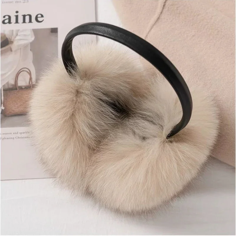 Earmuffs de pele de raposa de luxo quentes para mulheres, pelúcia ultra grande, estilo novo, inverno