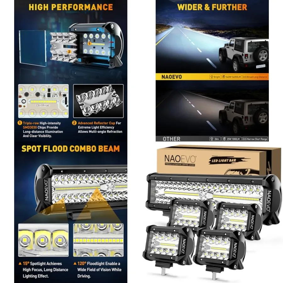12 Inch LED Light Bar and 4PCS 4 Inch LED Pod Lights, 54000LM LED Fog/Driving/Off Road Lights, Triple Row Spot Flood Combo LED