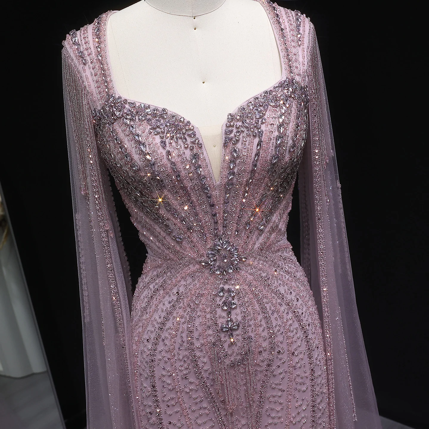 Sharon Said Dubai Luxuriöses Champagner-Meerjungfrauenkleid mit Cape-Ärmeln für Damen, Hochzeitsfeier, Ballkleider SS024, Maßanfertigung – Detail 7