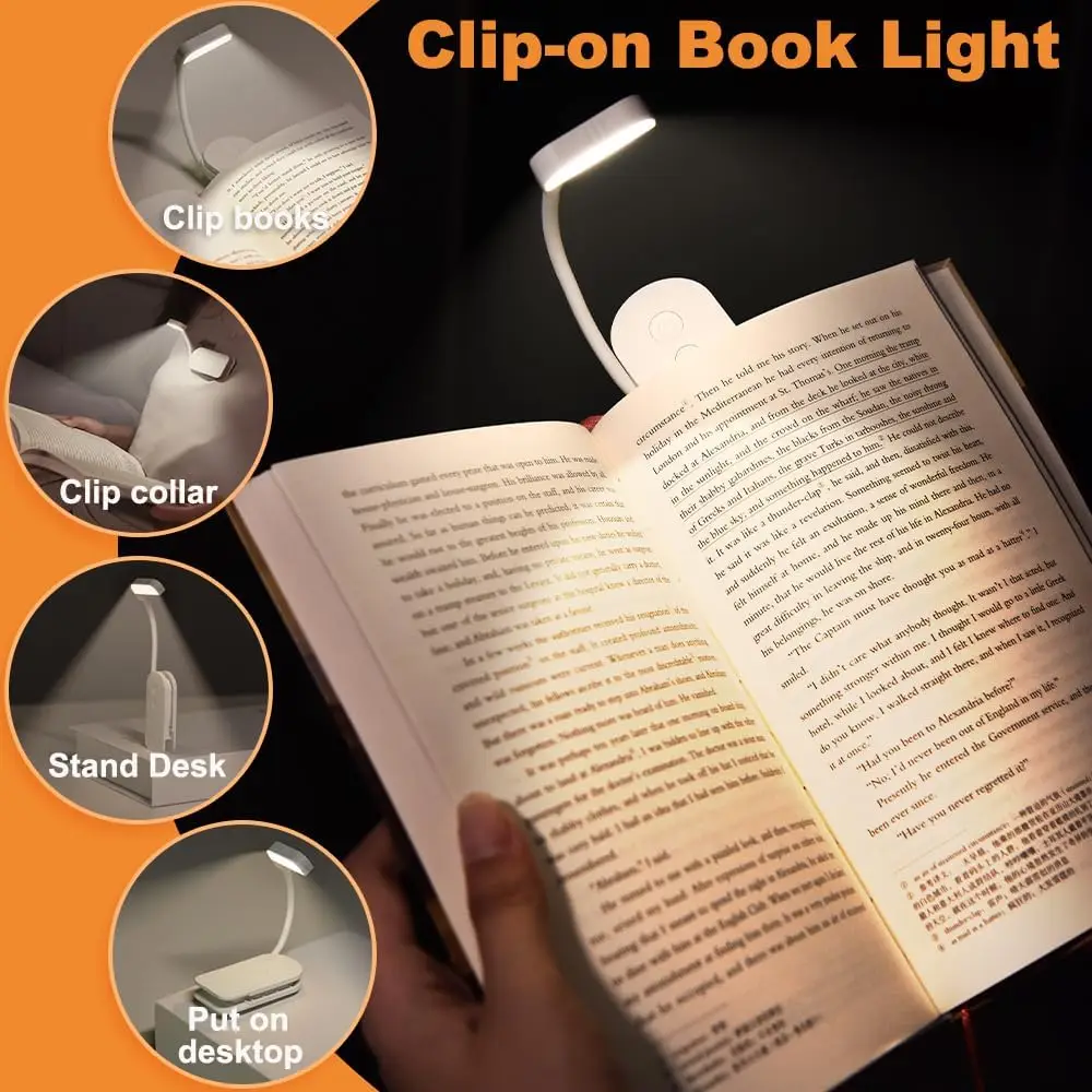 Luzes de leitura led portáteis, cuidados com os olhos, 3 temperaturas de cor e brilho de escurecimento, leve recarregável por usb