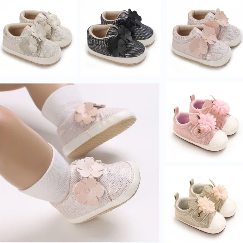 Floral Decor Glitter Sneakers, Soft Sole Casual Footwear, Baby Learning Walk Shoes for Infants 0-18M