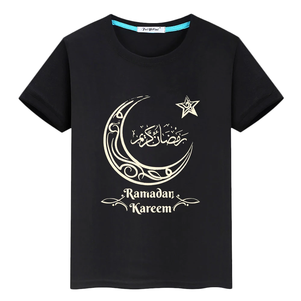 

Eid Happy Ramadan Mubarak Print 100%Cotton T-Shirt Kids With Moon Clothe Anime Tees Boys Tops y2k Ramadan Muslim Festive Outfit