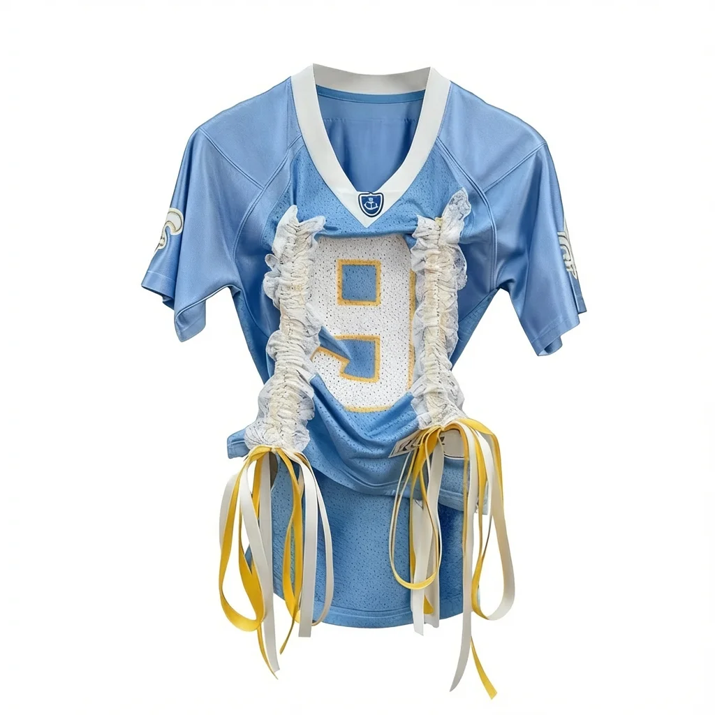 

NIGO Blue Ruffled Ribbon Decor Jersey Top Light Fabric Breathable Comfy Casual Outings Street Style #NIGO9511Z