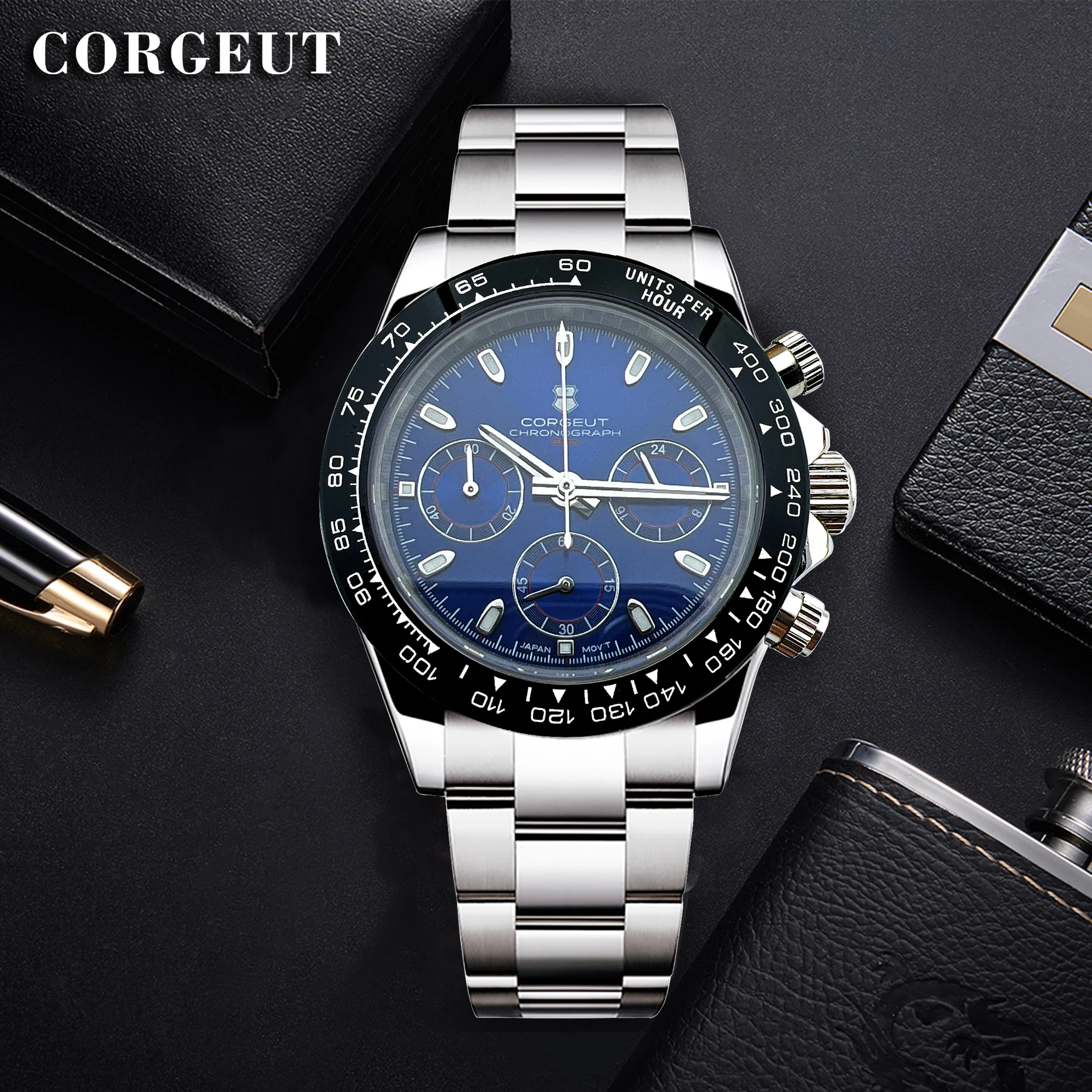 شعار مخصص فاخر للرجال 39 مللي متر ساعة كوارتز كرونوغراف الياقوت المألوف العصرية أنيق الرياضة شريط مطاطي ساعة اليد #5