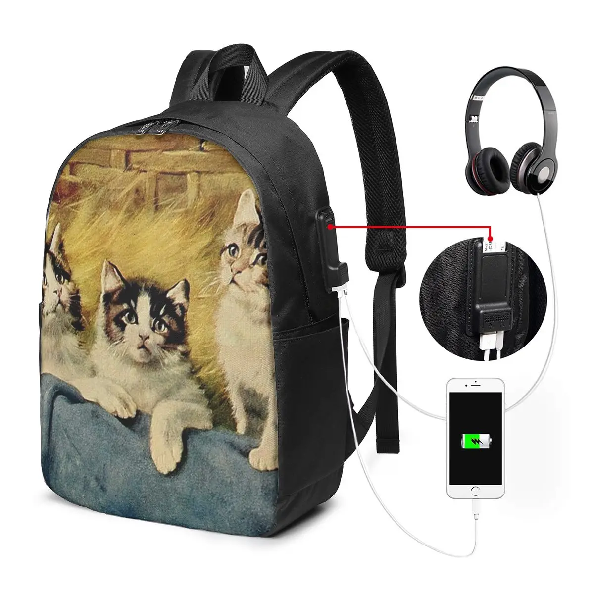 Vintage Kitten Painting On The Couch Sofa Backpack Travel Notebook Bag Computer College Student School Bag Laptop Shoulder Bags