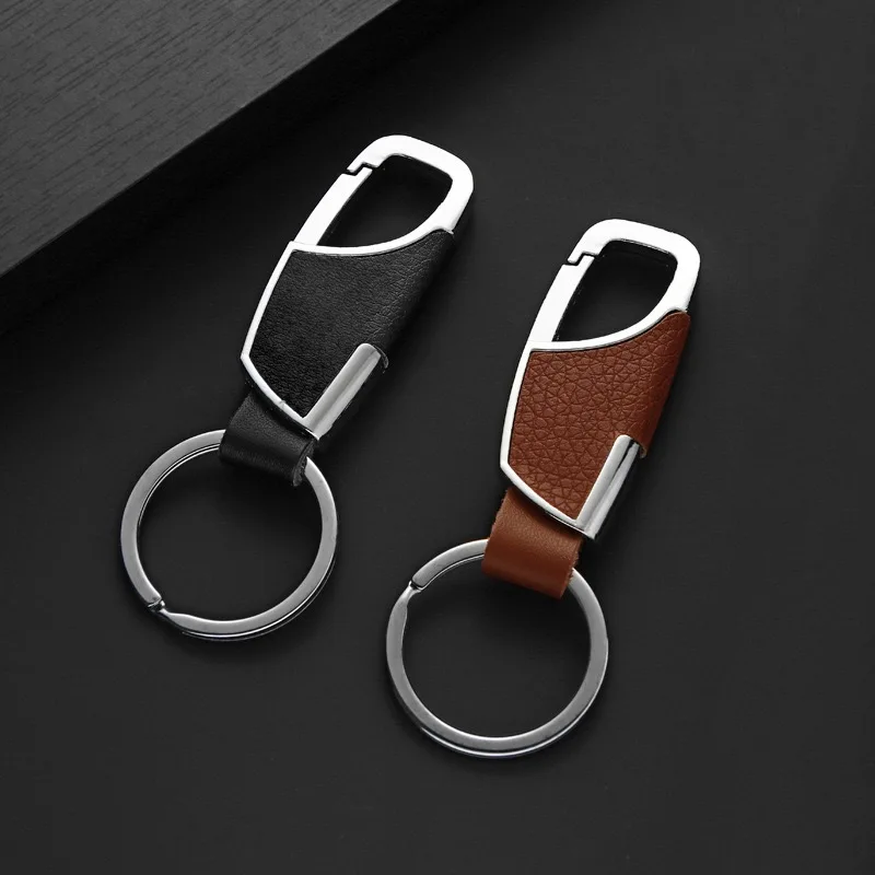Classic Business Men Keychain Leather 2 Colors Metal Round Buckle Waist Mounted Keyring Husband Father Day Gift Daily Decoration