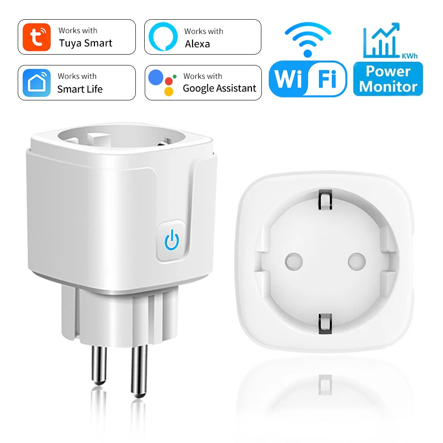 16A 20A Tuya WiFi Smart EU Plug with Power Monitoring Timing Function App Remote Control Supports Google Assistant Alexa