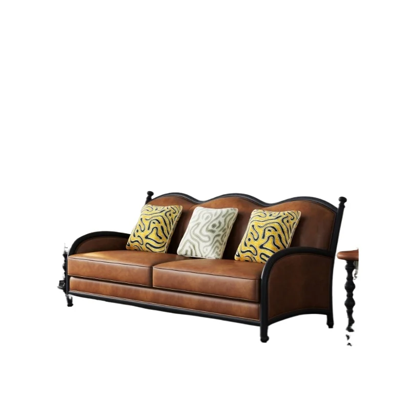 

Medieval leather sofa, American retro first-layer cowhide sofa, all solid wood