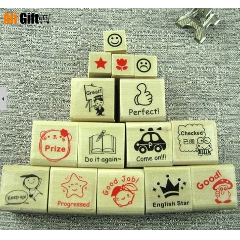 Rubber Cartoon Stamps for Kindergarten Teachers Reward Parents Craft Supplies, English Praise Reward, 15 PCs/Lot