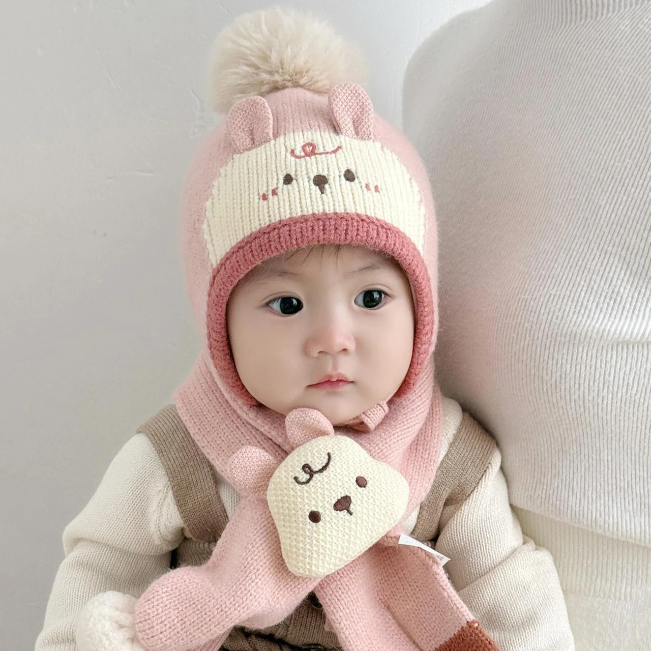 Cute Cartoon Animals Pompom Hat Baby Ear Protection Winter Warm Toddler Knitted Cap Beanies 6-36Month Kids Woolen Crochet Bonnet view 5